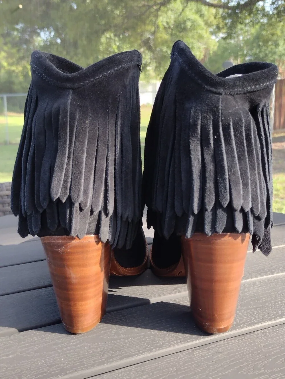 Frye Llana Black Suede Fringe Ankle Boots Western Boho Block Heel